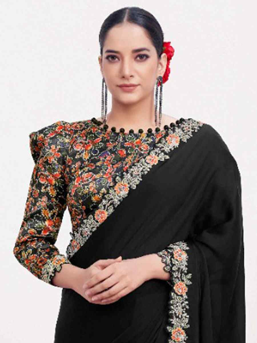 Black Crepe Satin Silk Embroidery Festival Wedding Fancy Classic Heavy Border Saree