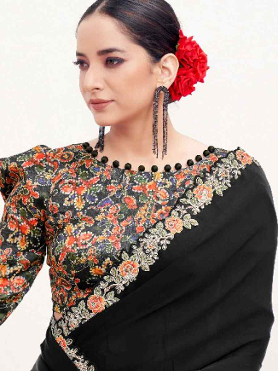 Black Crepe Satin Silk Embroidery Festival Wedding Fancy Classic Heavy Border Saree