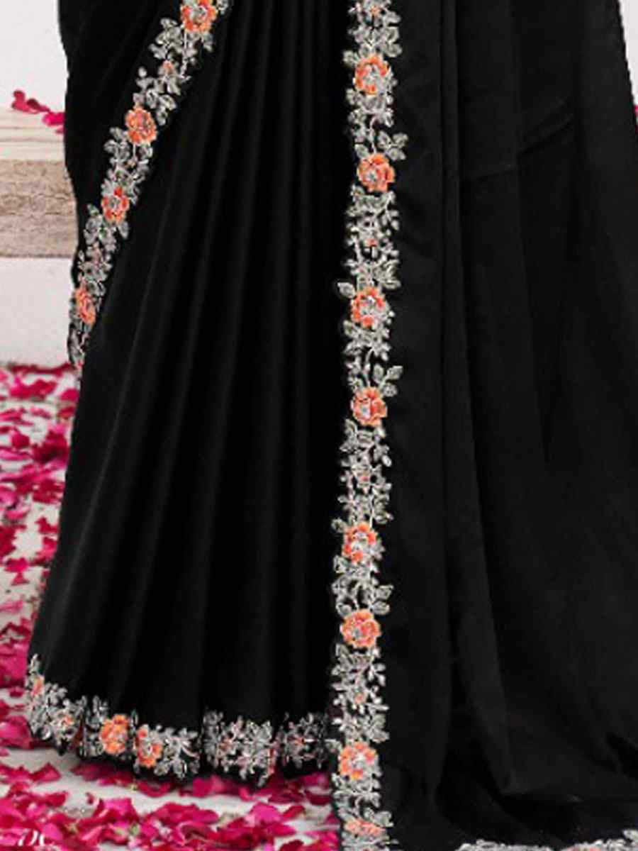 Black Crepe Satin Silk Embroidery Festival Wedding Fancy Classic Heavy Border Saree