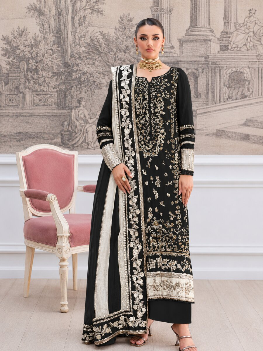 Black Crunchy Embroidery Zari Sequins Khatli Work Wedding Party Festival Casual Palazzo Pant Salwar Kameez