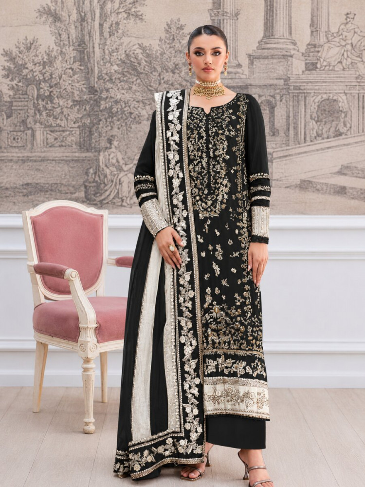 Image of Black Crunchy Embroidery Zari Sequins Khatli Work Wedding Party Festival Casual Palazzo Pant Salwar Kameez