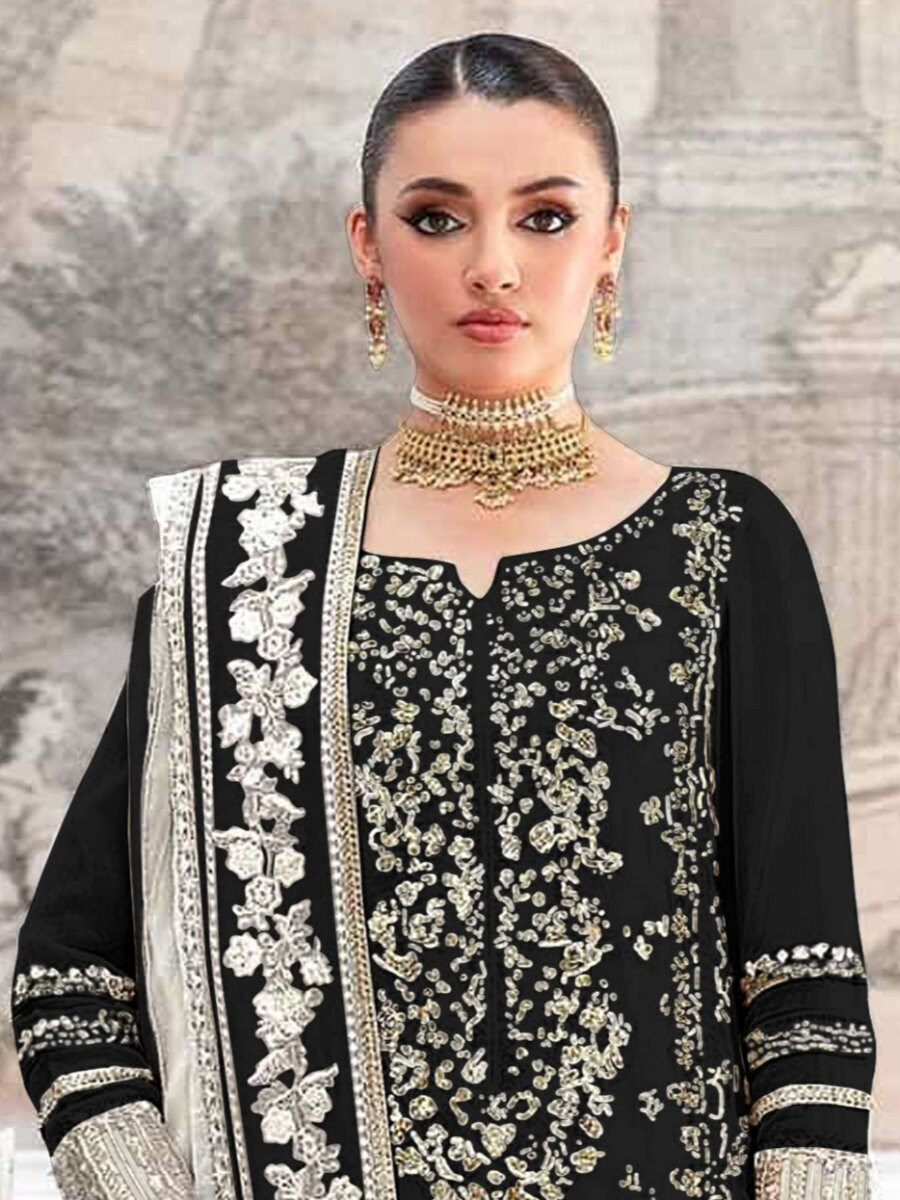 Black Crunchy Embroidery Zari Sequins Khatli Work Wedding Party Festival Casual Palazzo Pant Salwar Kameez