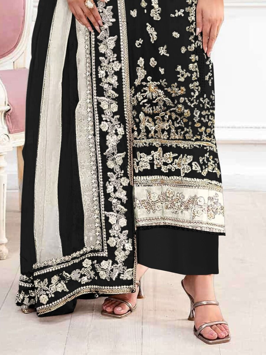 Black Crunchy Embroidery Zari Sequins Khatli Work Wedding Party Festival Casual Palazzo Pant Salwar Kameez