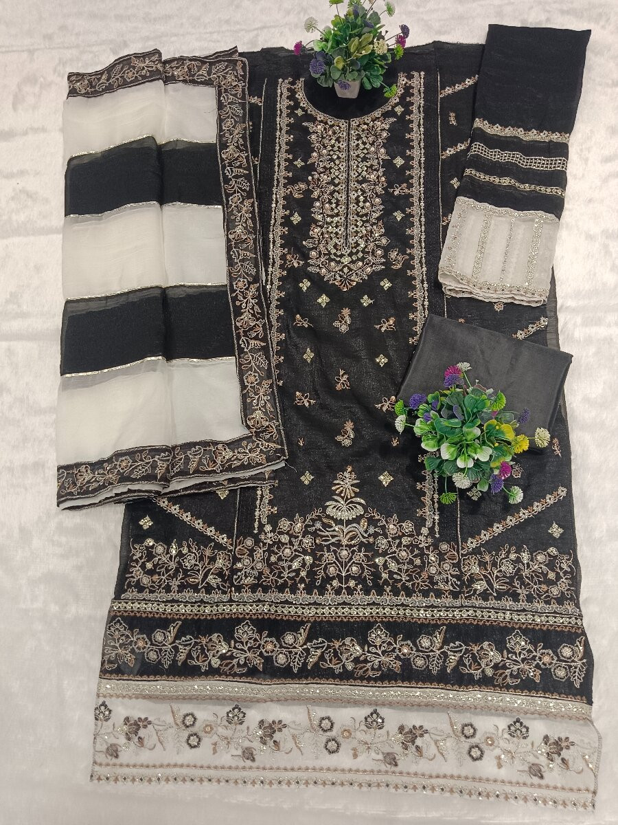 Black Crunchy Embroidery Zari Sequins Khatli Work Wedding Party Festival Casual Palazzo Pant Salwar Kameez