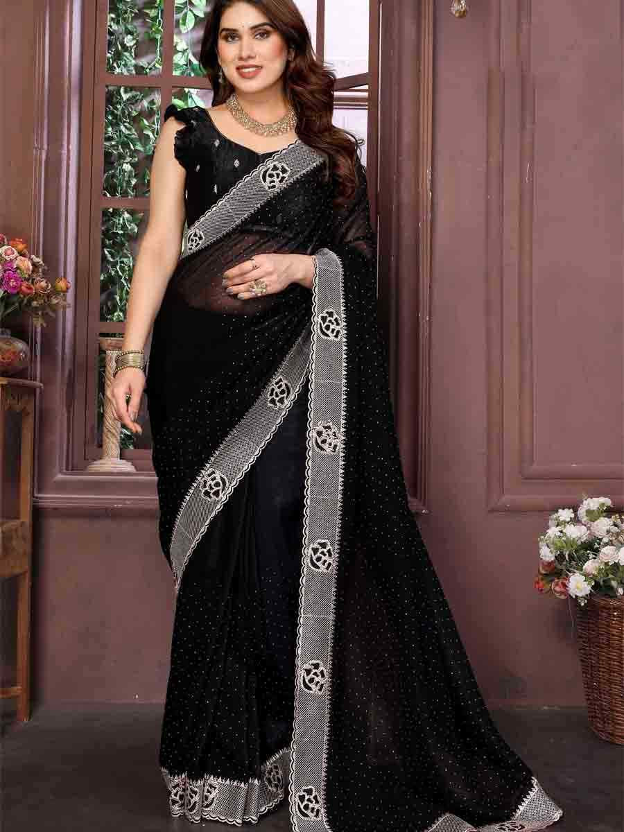 Black Crunchy Silk Embroidered Festival Wedding Fancy Heavy Border Saree