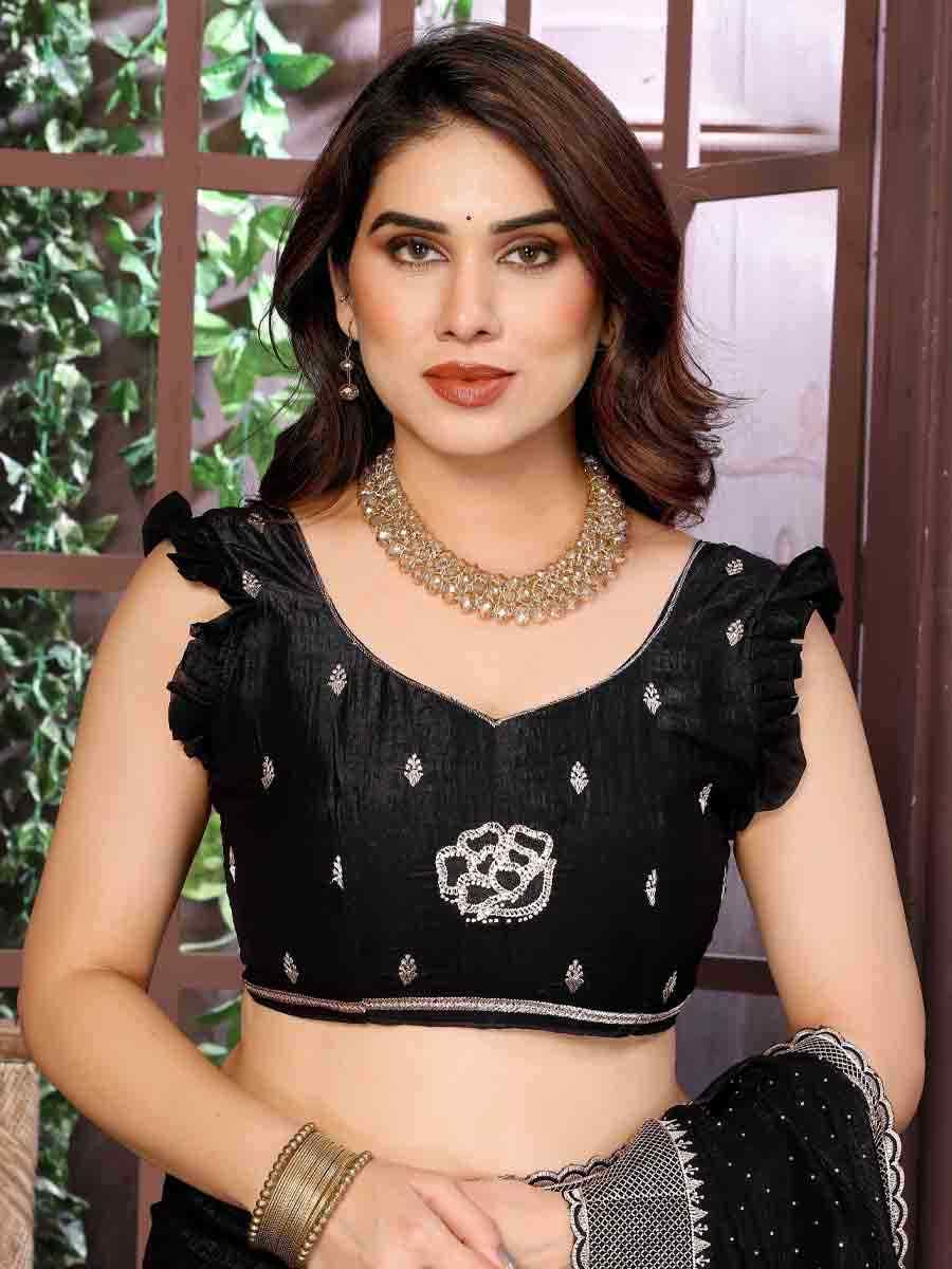 Black Crunchy Silk Embroidered Festival Wedding Fancy Heavy Border Saree