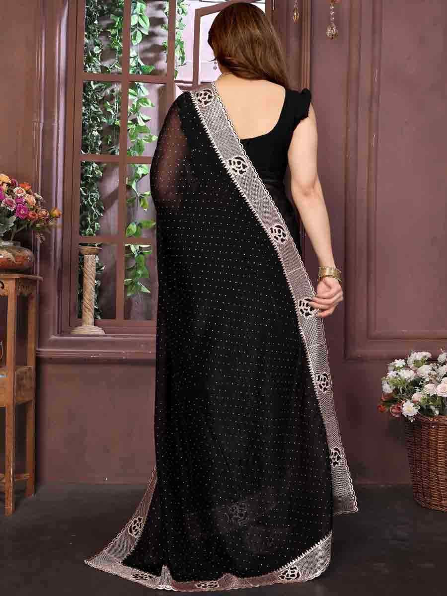 Black Crunchy Silk Embroidered Festival Wedding Fancy Heavy Border Saree