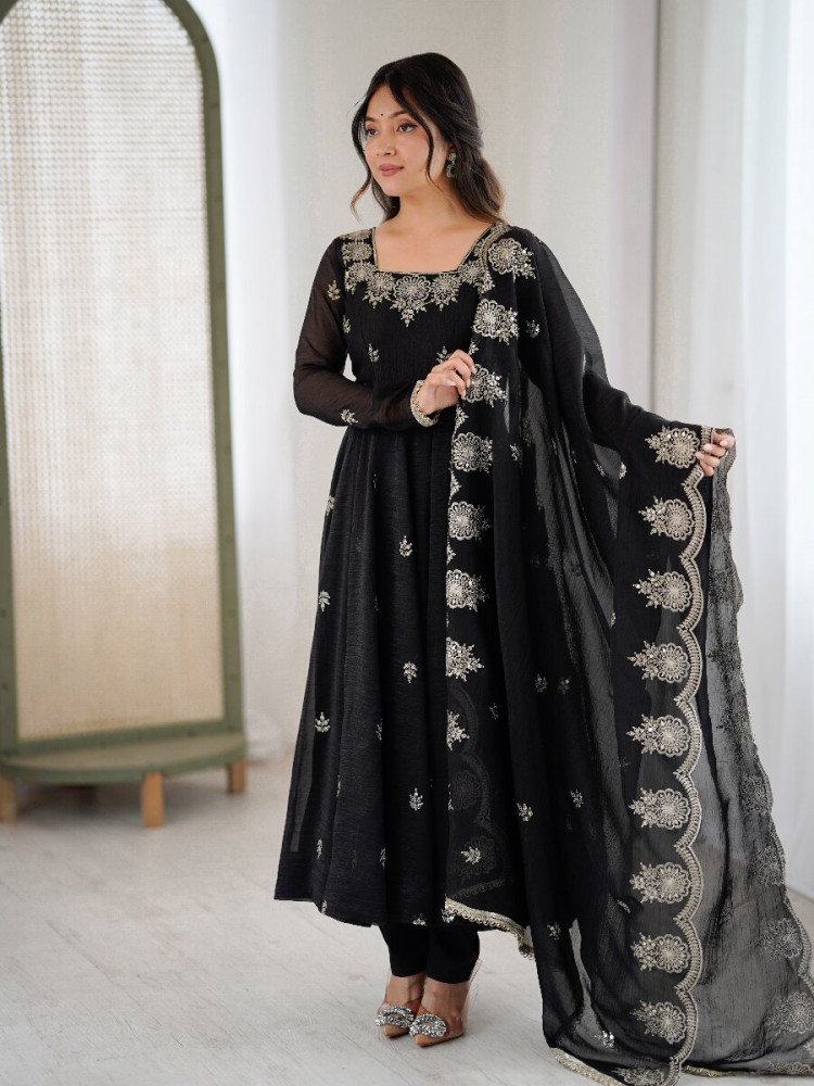 Image of Black Crunchy Silk Embroidery Sequins Wedding Party Festival Casual Ready Anarkali Salwar Kameez, Pant Salwar Kameez