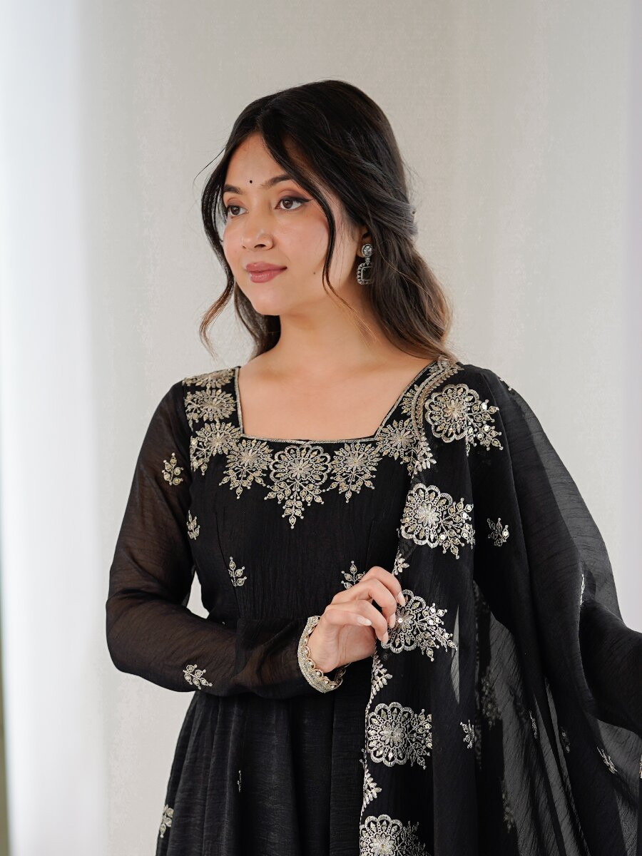 Black Crunchy Silk Embroidery Sequins Wedding Party Festival Casual Ready Anarkali Salwar Kameez Pant Salwar Kameez