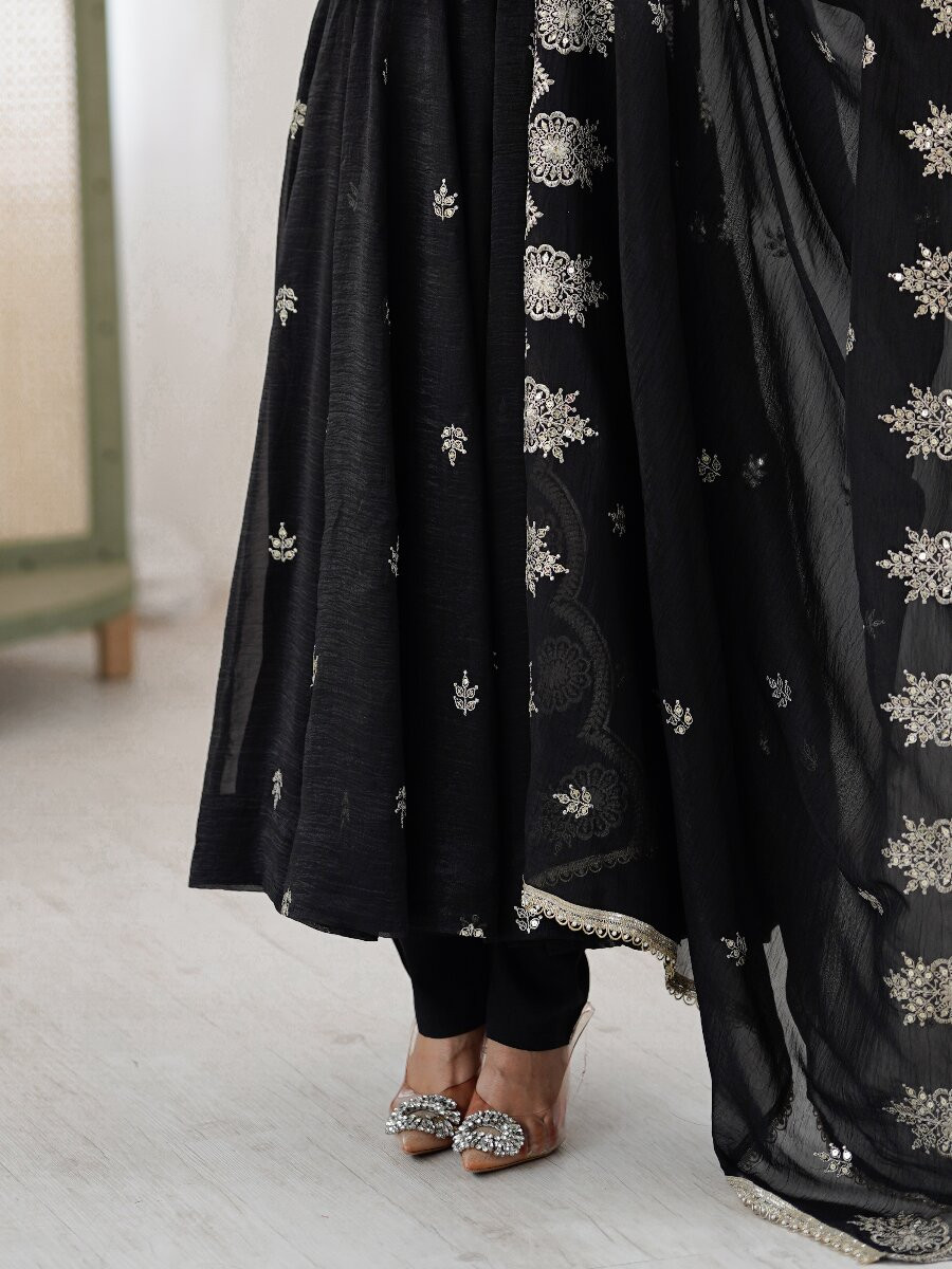 Black Crunchy Silk Embroidery Sequins Wedding Party Festival Casual Ready Anarkali Salwar Kameez Pant Salwar Kameez