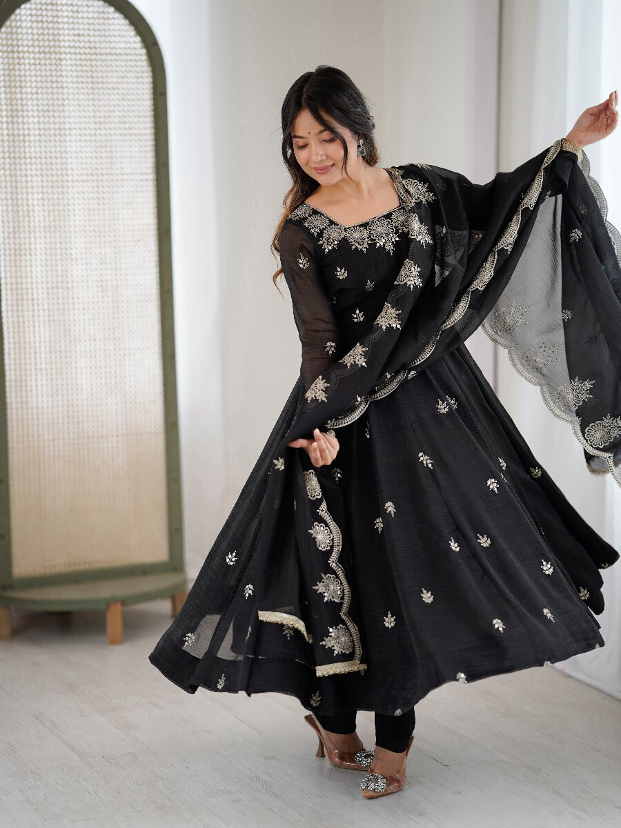 Black Crunchy Silk Embroidery Sequins Wedding Party Festival Casual Ready Anarkali Salwar Kameez Pant Salwar Kameez