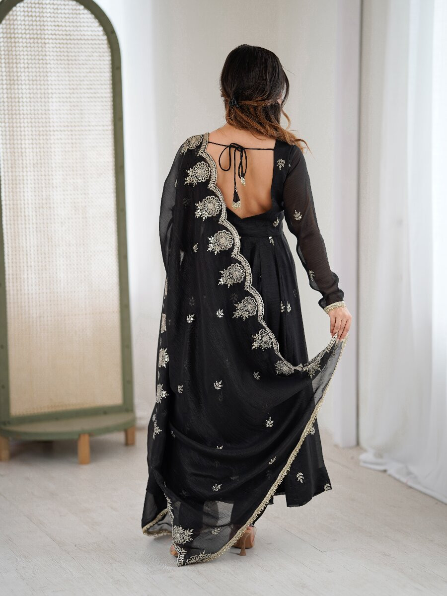 Black Crunchy Silk Embroidery Sequins Wedding Party Festival Casual Ready Anarkali Salwar Kameez Pant Salwar Kameez