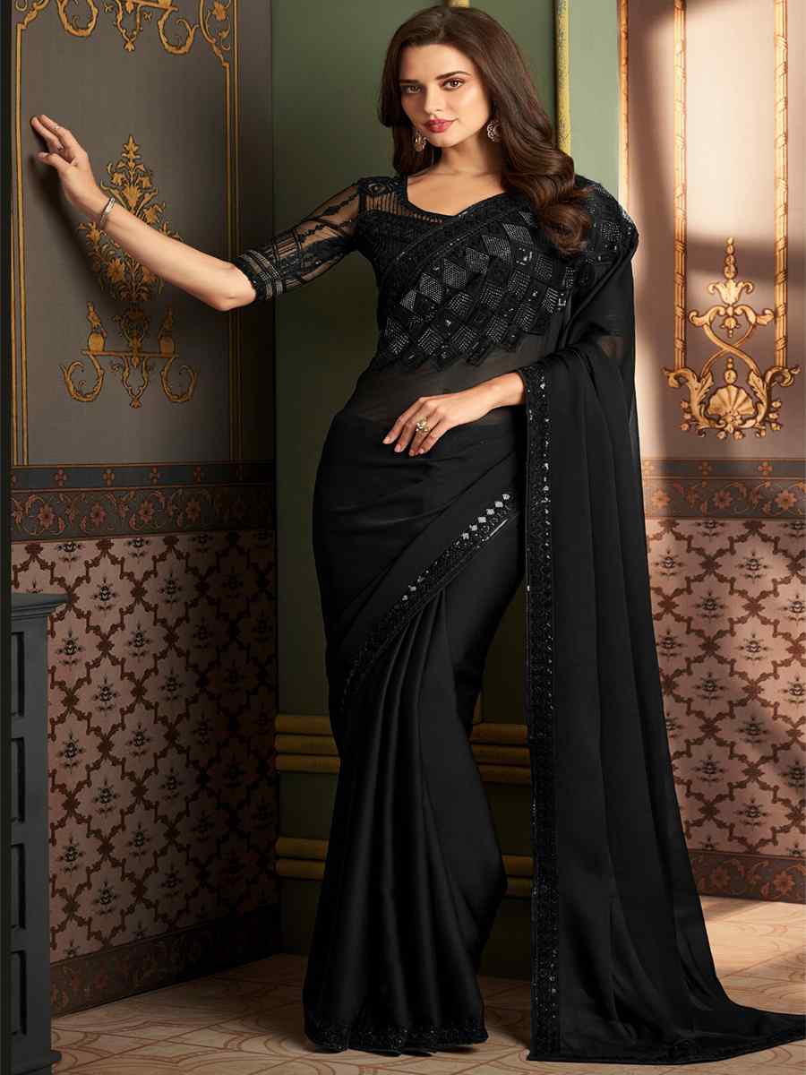 Black Designer Embroidered Party Reception Heavy Border Saree