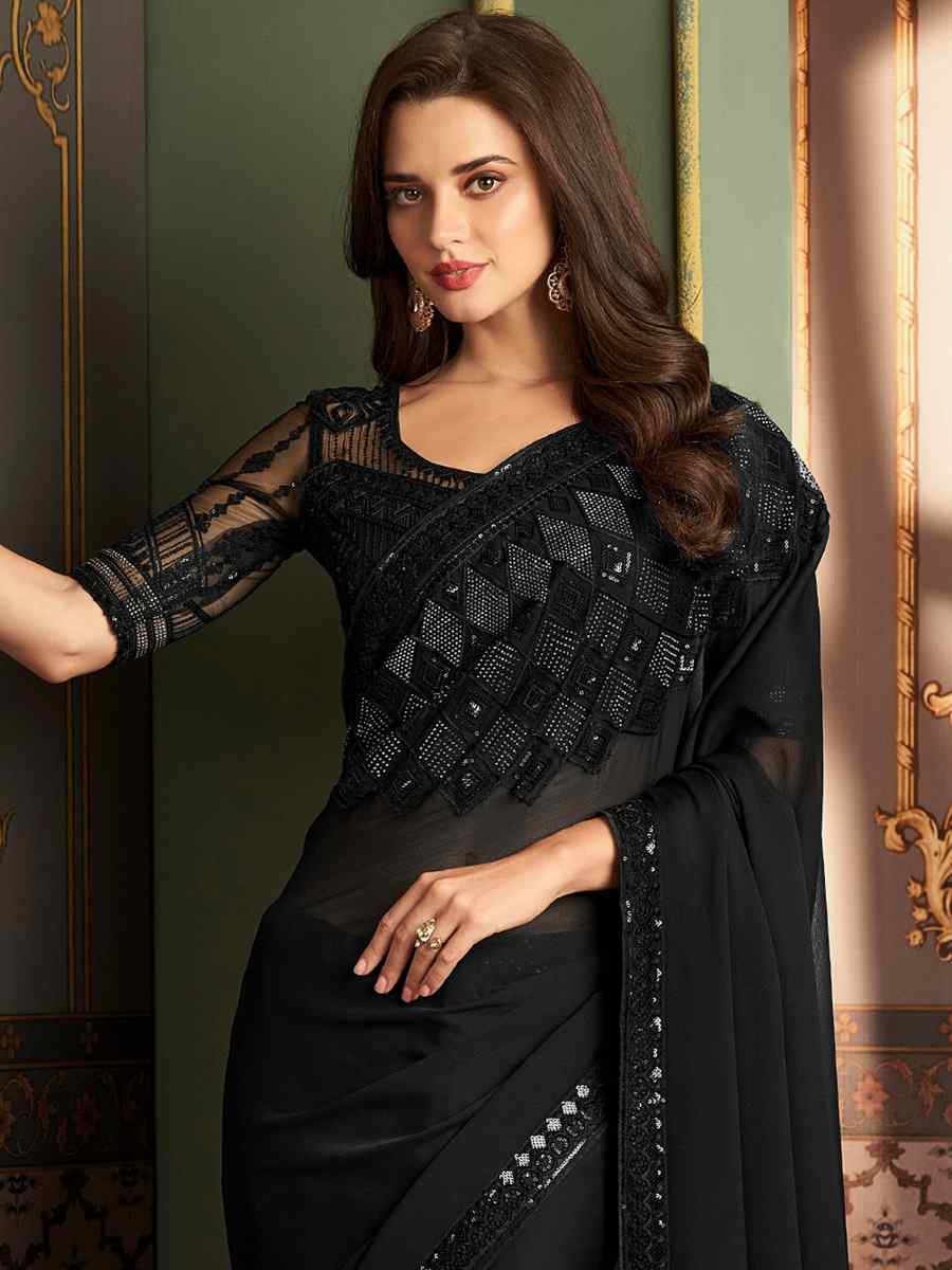 Black Designer Embroidered Party Reception Heavy Border Saree