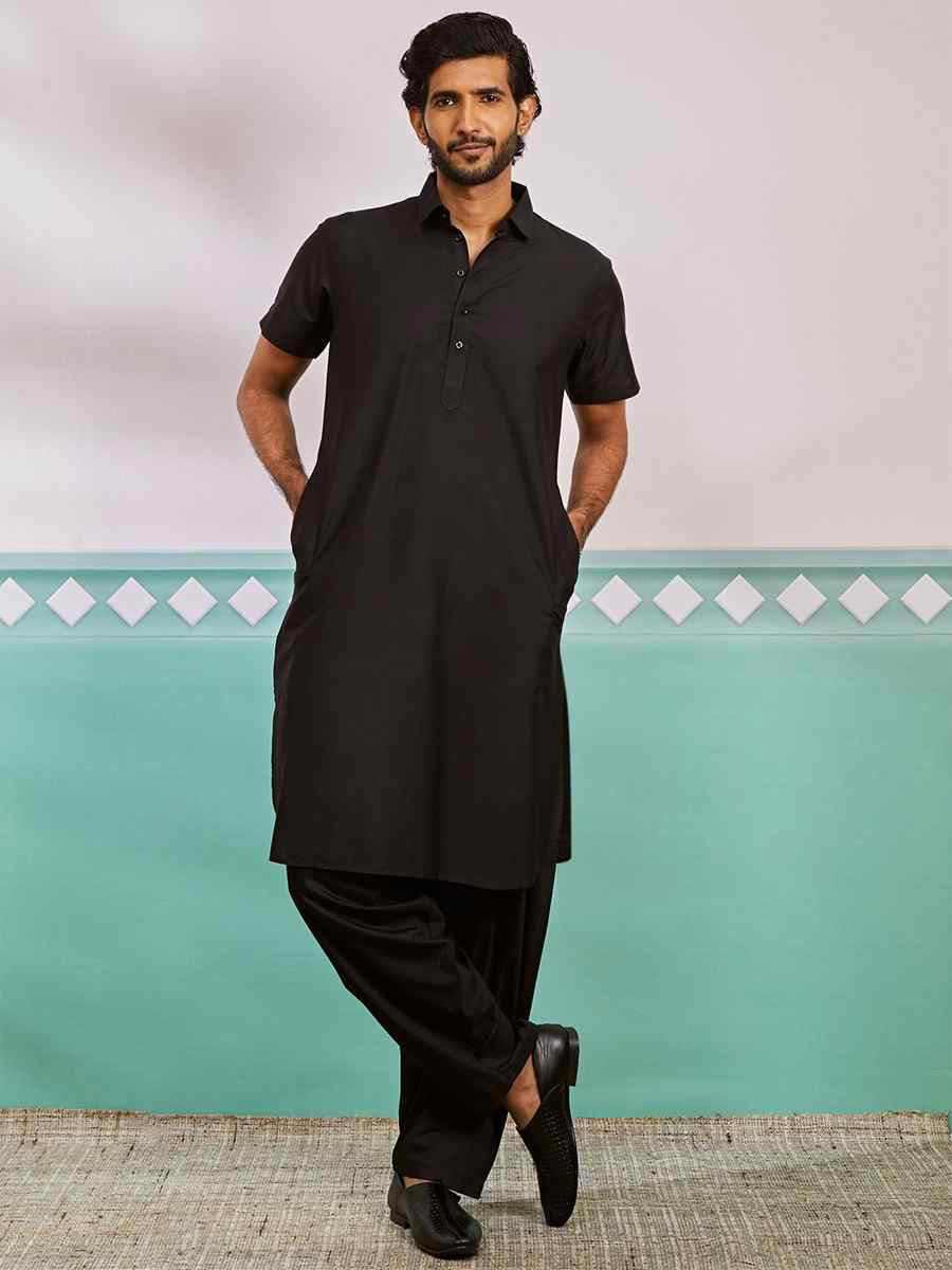 Black Dhupion Art Silk Plain Party Wedding Kurta