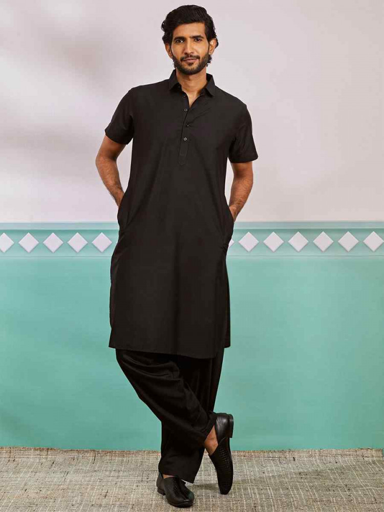 Black Dhupion Art Silk Plain Party Wedding Kurta