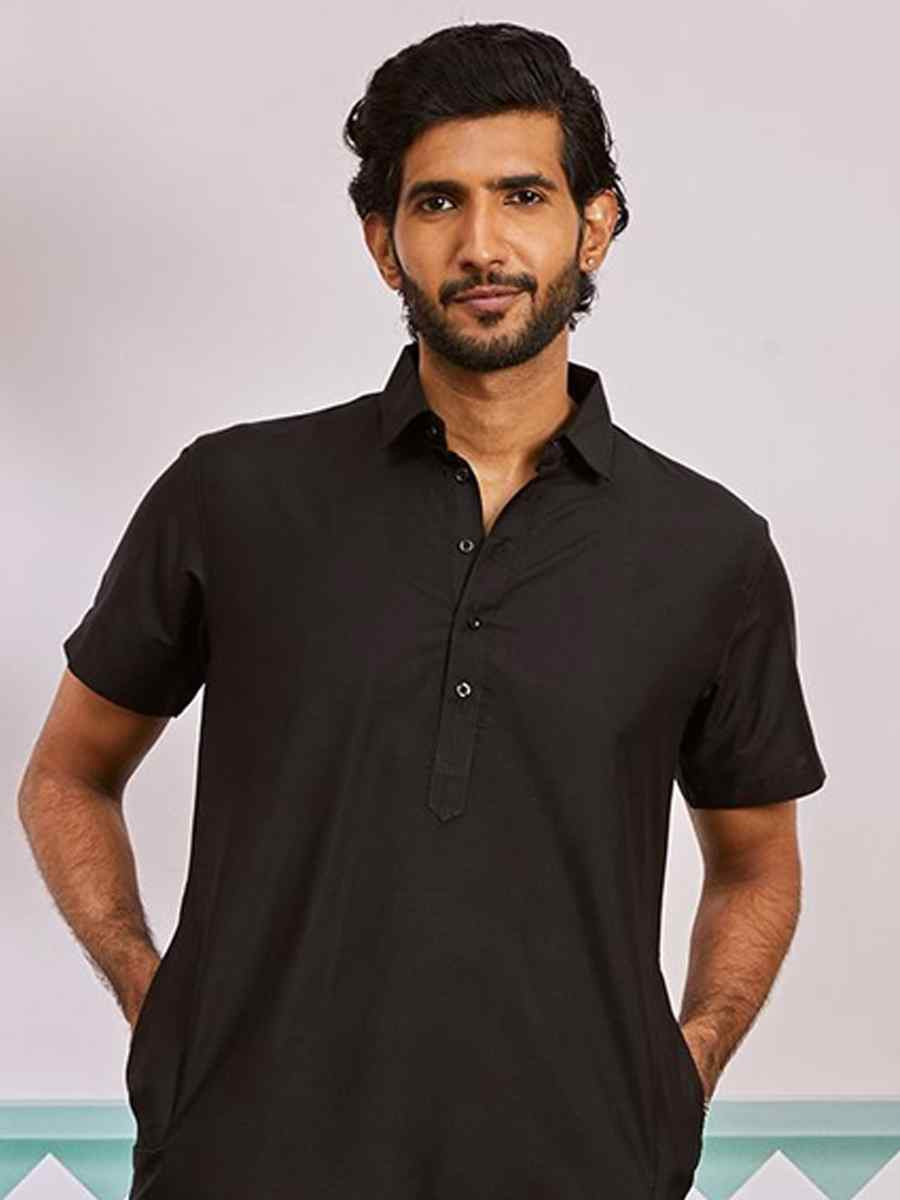 Black Dhupion Art Silk Plain Party Wedding Kurta