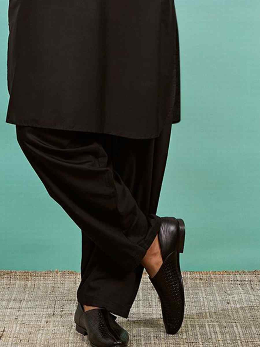 Black Dhupion Art Silk Plain Party Wedding Kurta