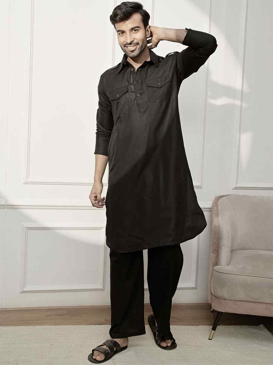 Black Dhupion Art Silk Plain Party Wedding Kurta