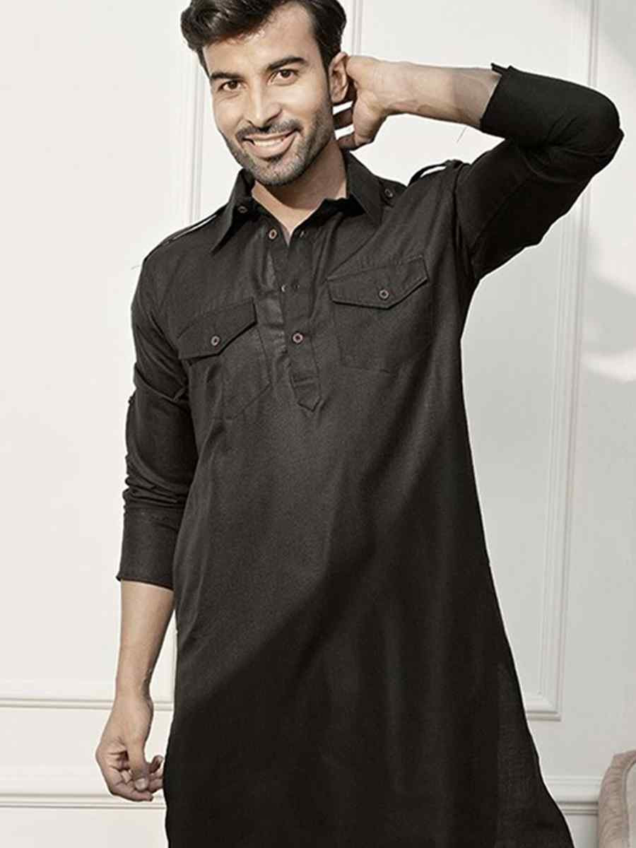 Black Dhupion Art Silk Plain Party Wedding Kurta