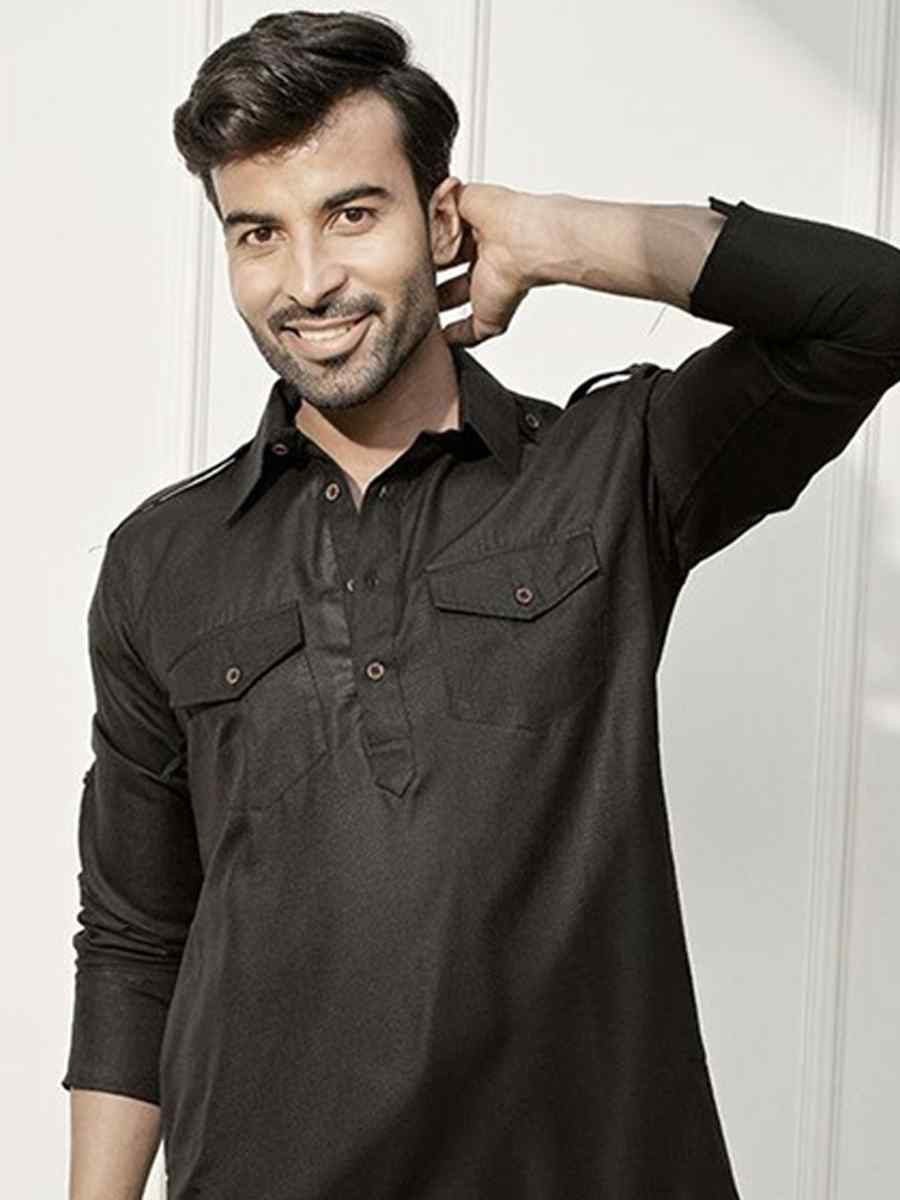 Black Dhupion Art Silk Plain Party Wedding Kurta