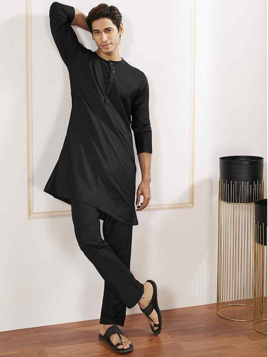 Black Dhupion Art Silk Plain Party Wedding Kurta