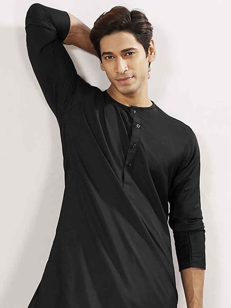 Black Dhupion Art Silk Plain Party Wedding Kurta