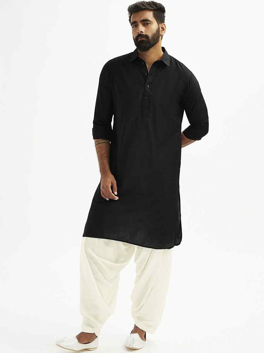 Black Dhupion Art Silk Plain Party Wedding Kurta