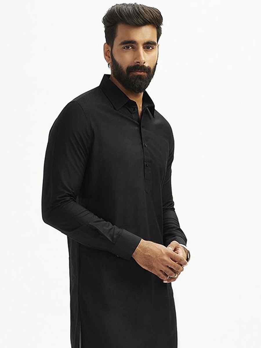 Black Dhupion Art Silk Plain Party Wedding Kurta