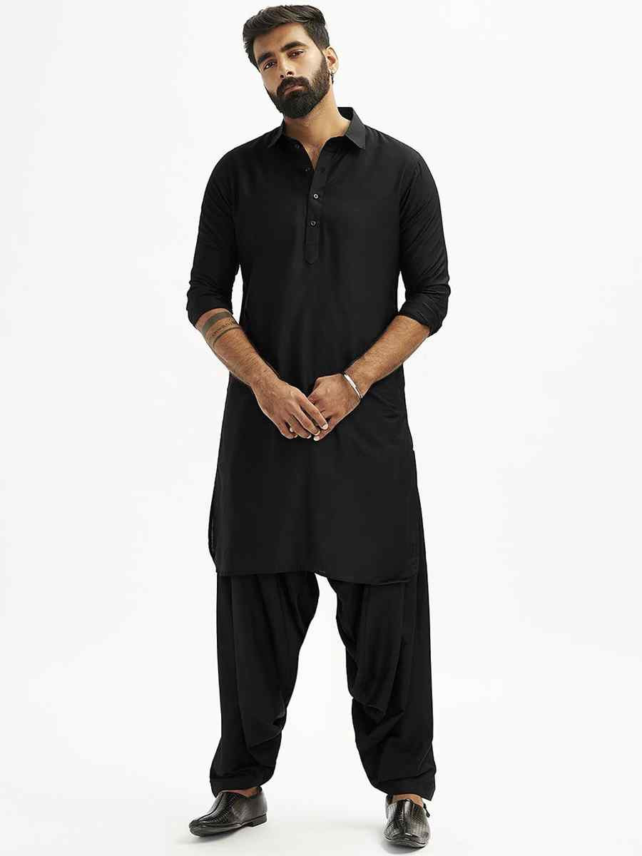 Black Dhupion Art Silk Plain Party Wedding Kurta