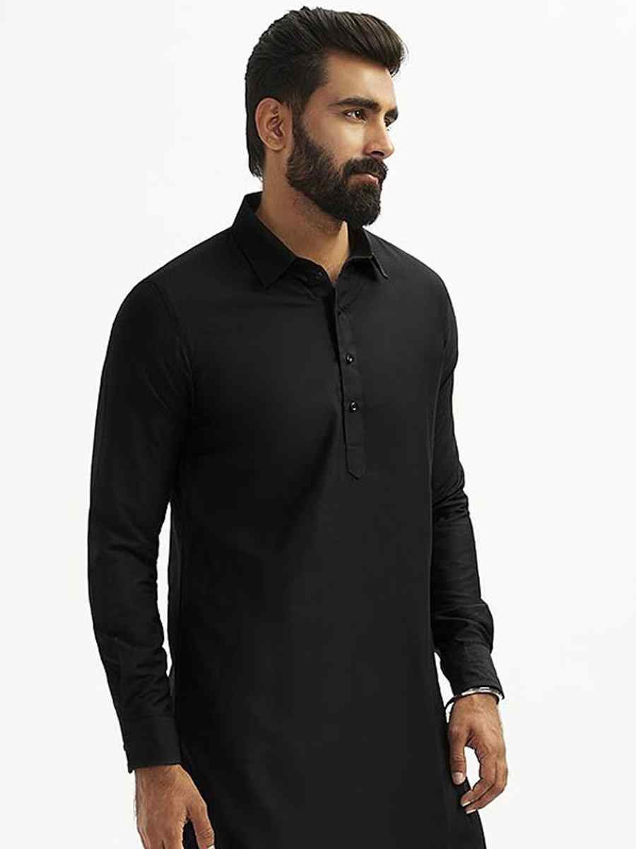 Black Dhupion Art Silk Plain Party Wedding Kurta