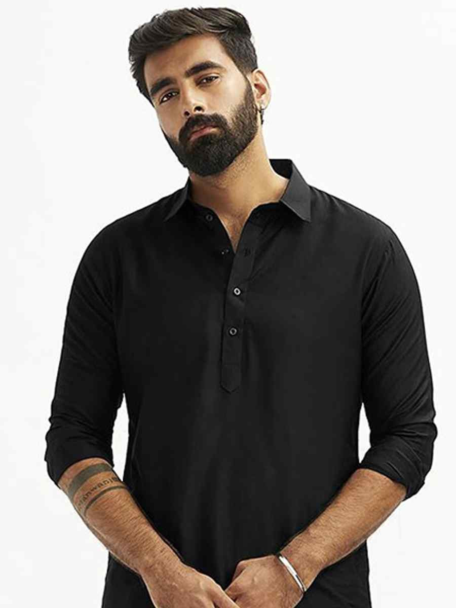 Black Dhupion Art Silk Plain Party Wedding Kurta