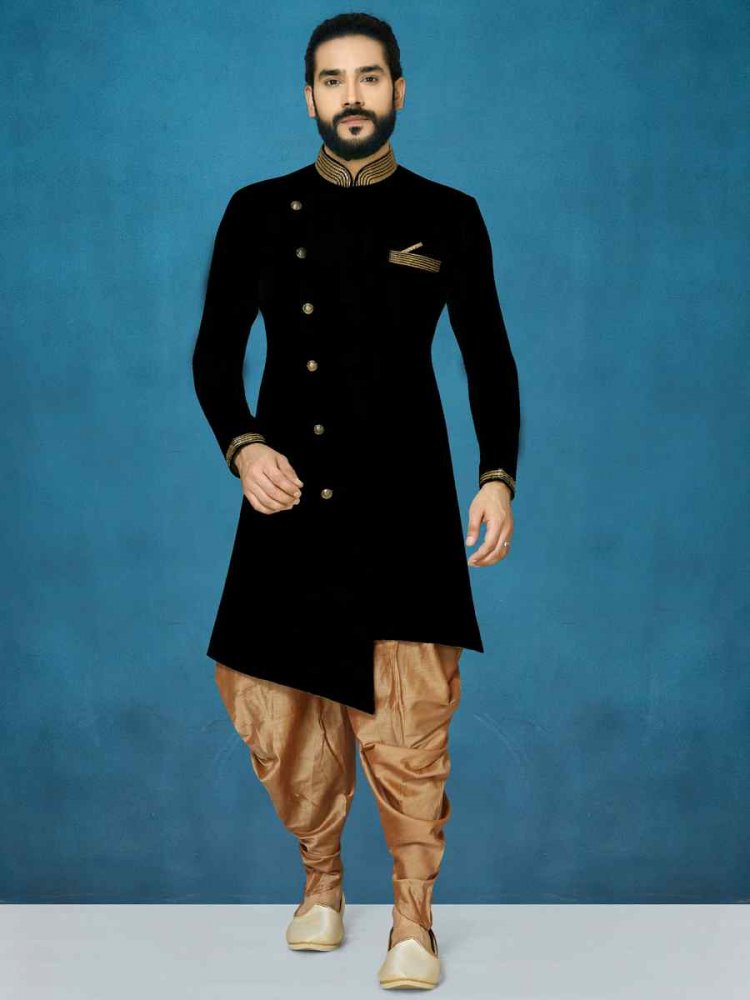 Black Dhupion Art Silk Woven Festival Wedding Sherwani