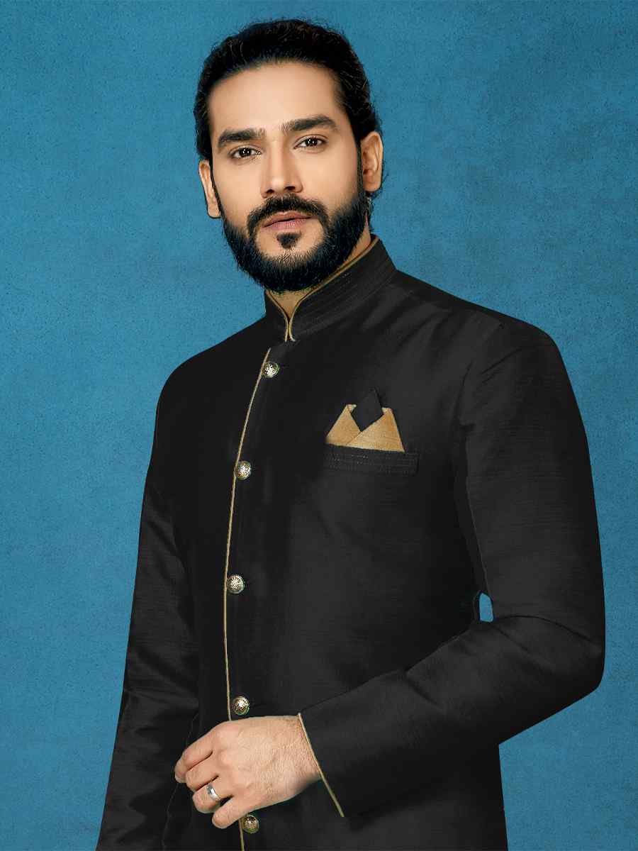 Black Dhupion Art Silk Woven Festival Wedding Sherwani