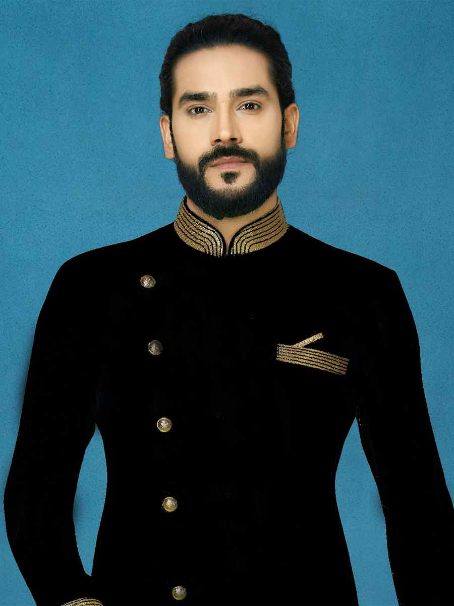 Black Dhupion Art Silk Woven Festival Wedding Sherwani