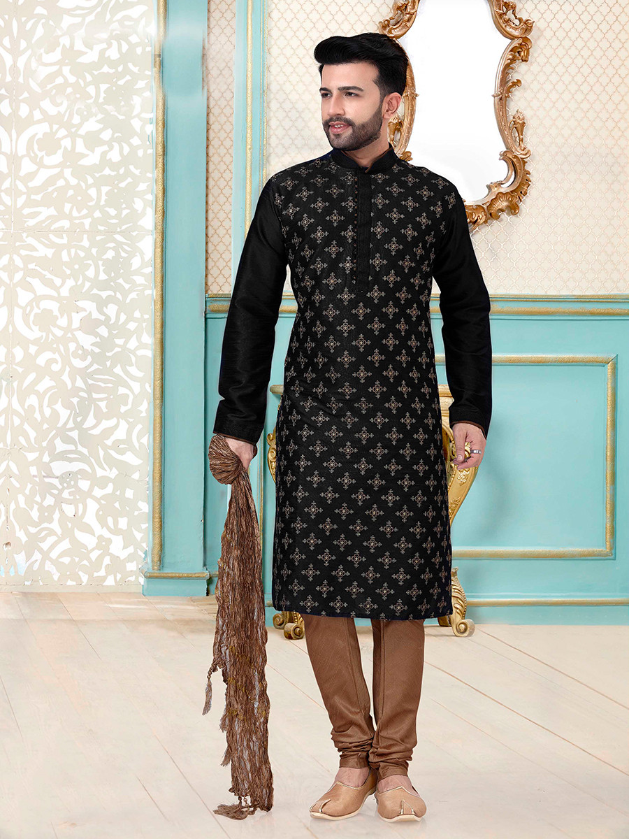 Black Dhupion Silk Embroidery Wedding Party Festival Ready Mens Kurta