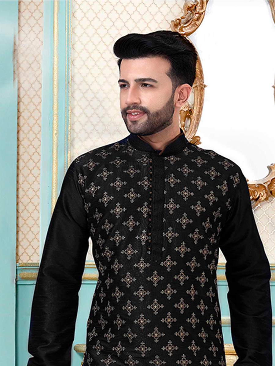 Black Dhupion Silk Embroidery Wedding Party Festival Ready Mens Kurta