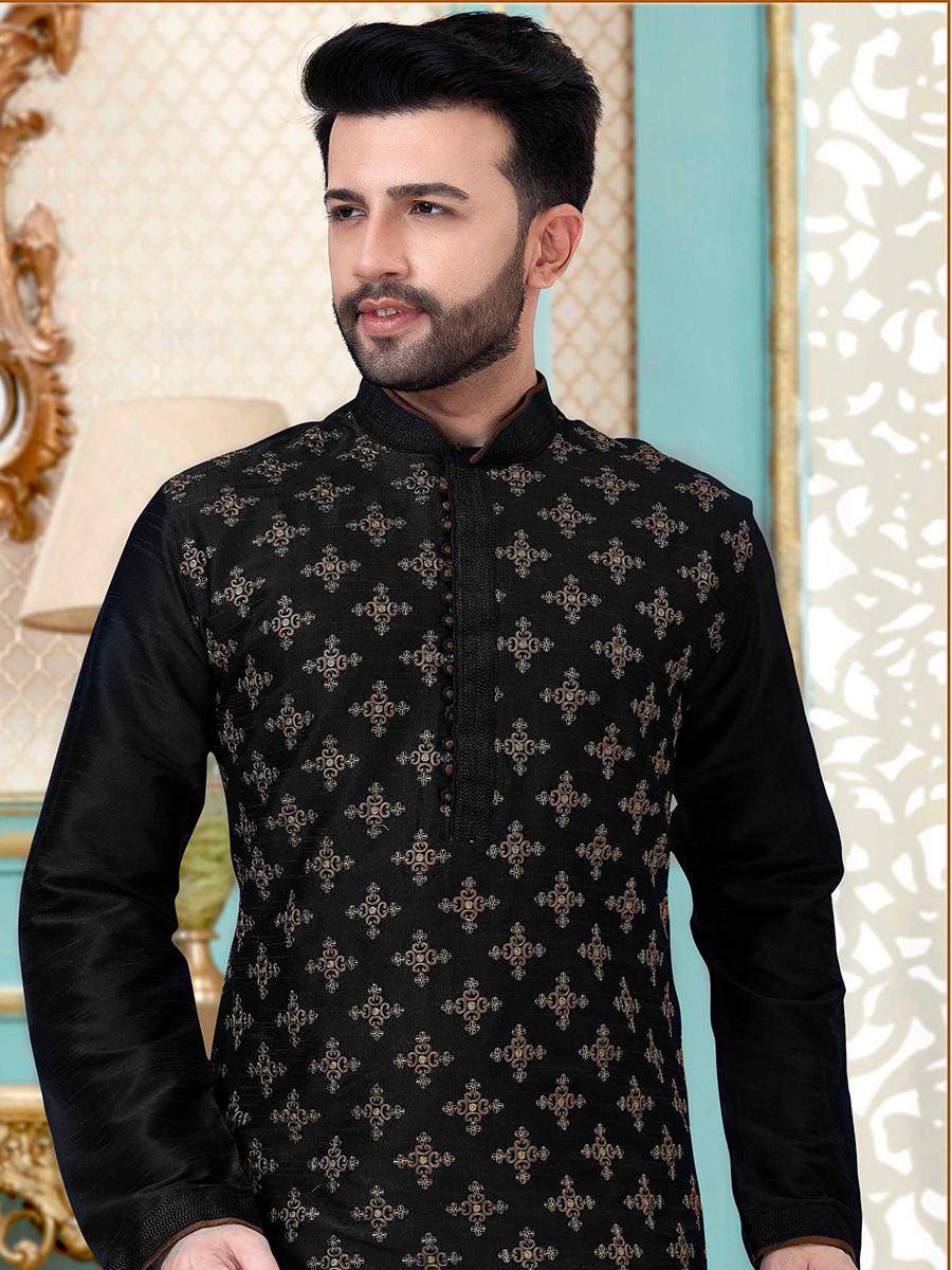 Black Dhupion Silk Embroidery Wedding Party Festival Ready Mens Kurta