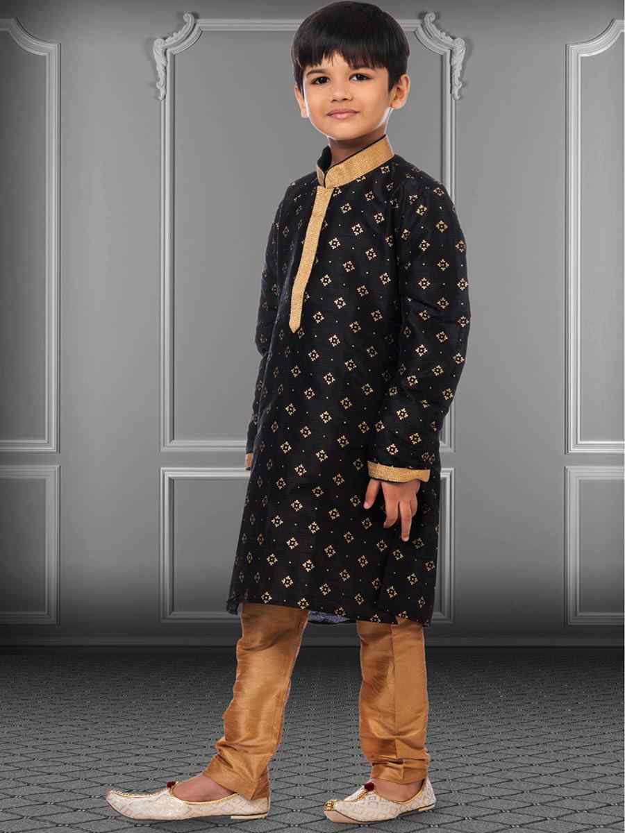 Black Dhupion Silk Printed Festival Kurta Pyjama Boys Wear