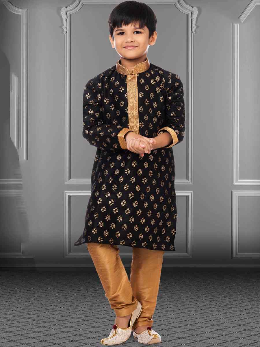 Black Dhupion Silk Printed Festival Kurta Pyjama Boys Wear