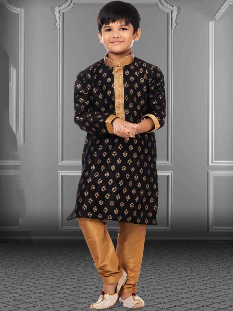 Black Dhupion Silk Printed Festival Kurta Pyjama Boys Wear