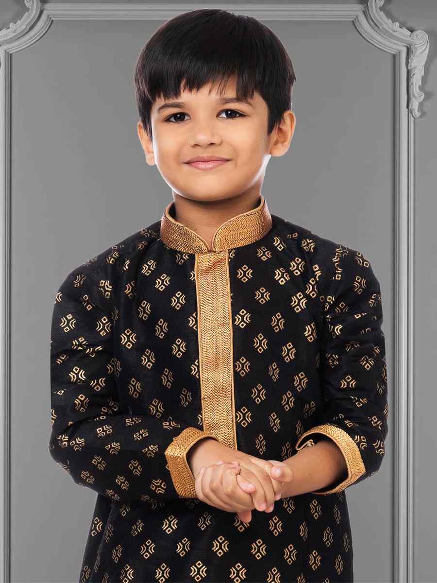 Black Dhupion Silk Printed Festival Kurta Pyjama Boys Wear