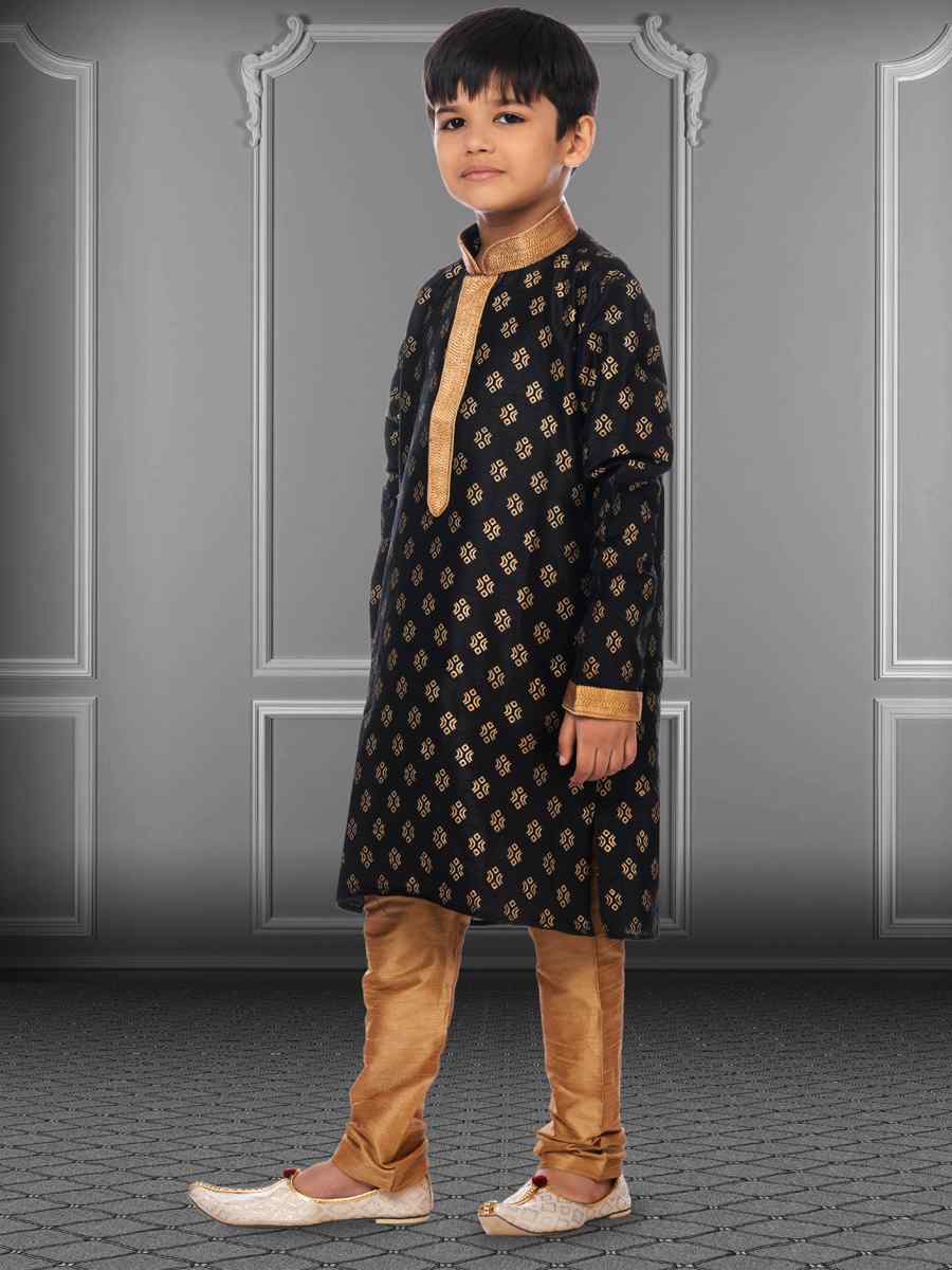 Black Dhupion Silk Printed Festival Kurta Pyjama Boys Wear