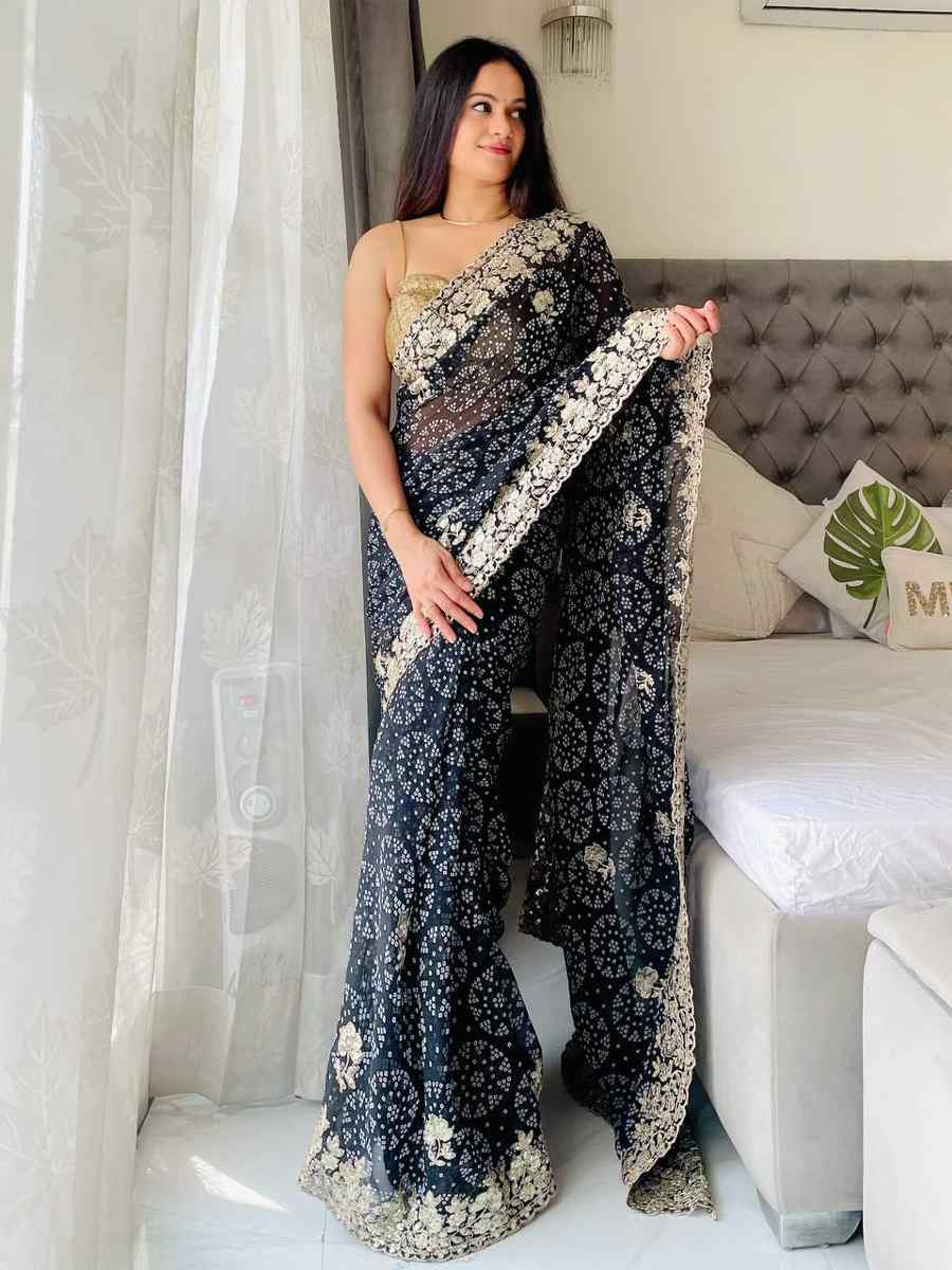 Black Digital Georgette Embroidered Festival Wedding Fancy Heavy Border Saree