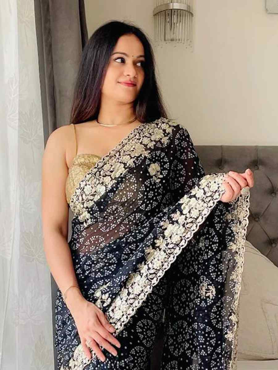 Black Digital Georgette Embroidered Festival Wedding Fancy Heavy Border Saree