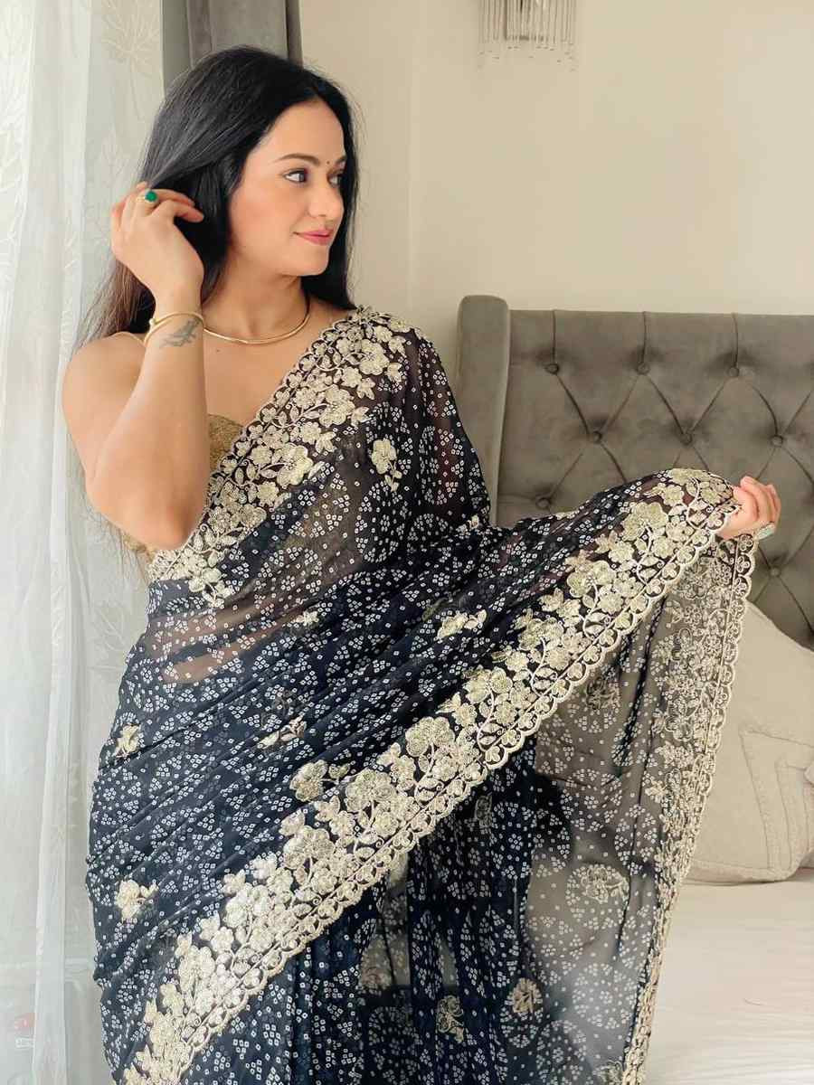 Black Digital Georgette Embroidered Festival Wedding Fancy Heavy Border Saree