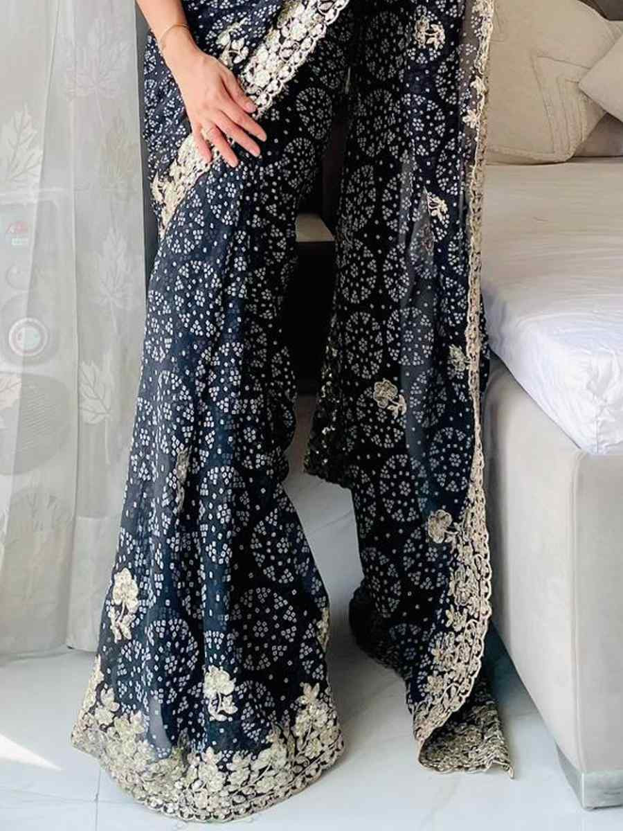 Black Digital Georgette Embroidered Festival Wedding Fancy Heavy Border Saree