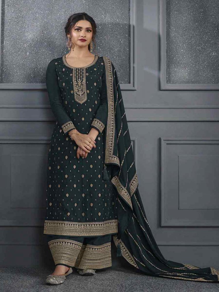 Black Dola Jacquard Silk Embroidered Festival Wedding Palazzo Pant Salwar Kameez