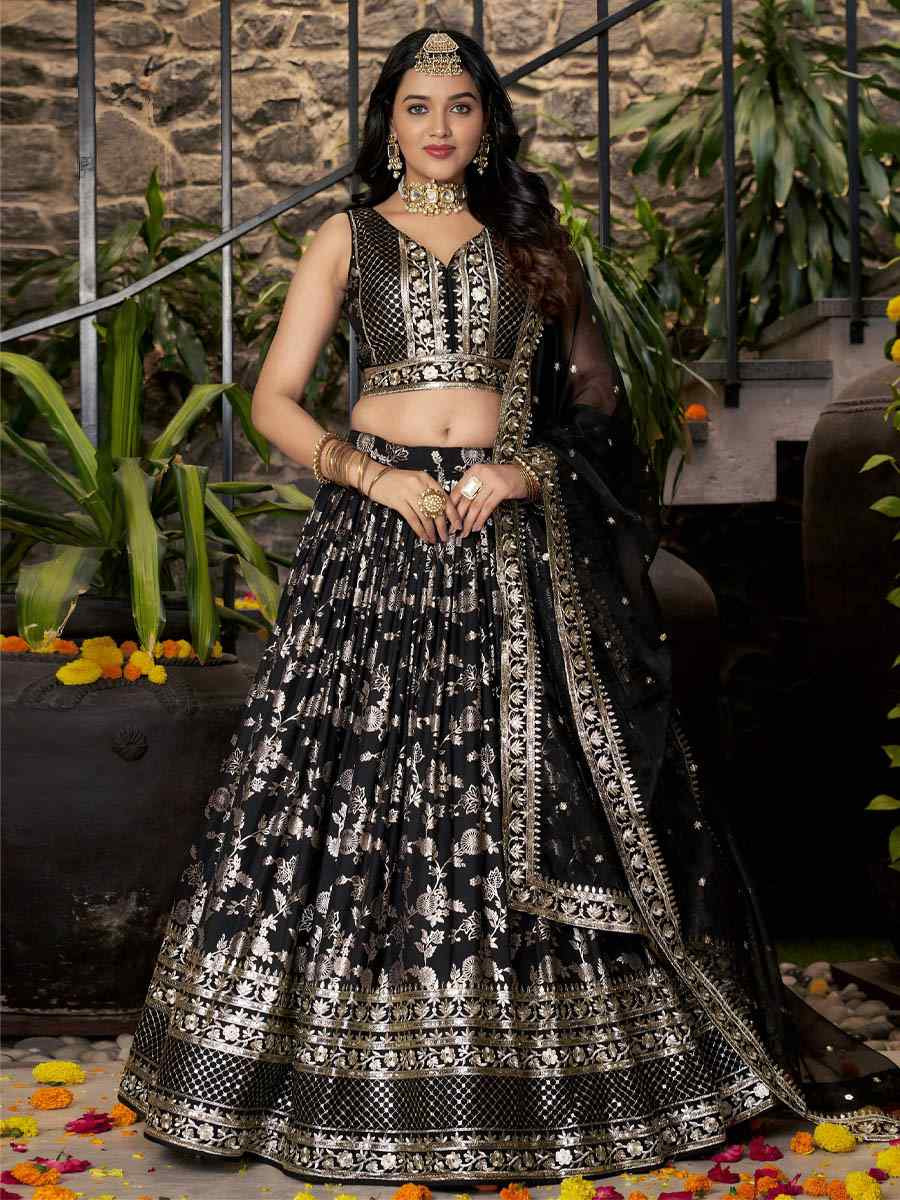 Black Dola Silk Jacquard Embroidered Reception Wedding Bridal Lehenga Choli