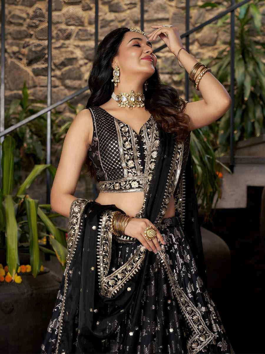 Black Dola Silk Jacquard Embroidered Reception Wedding Bridal Lehenga Choli